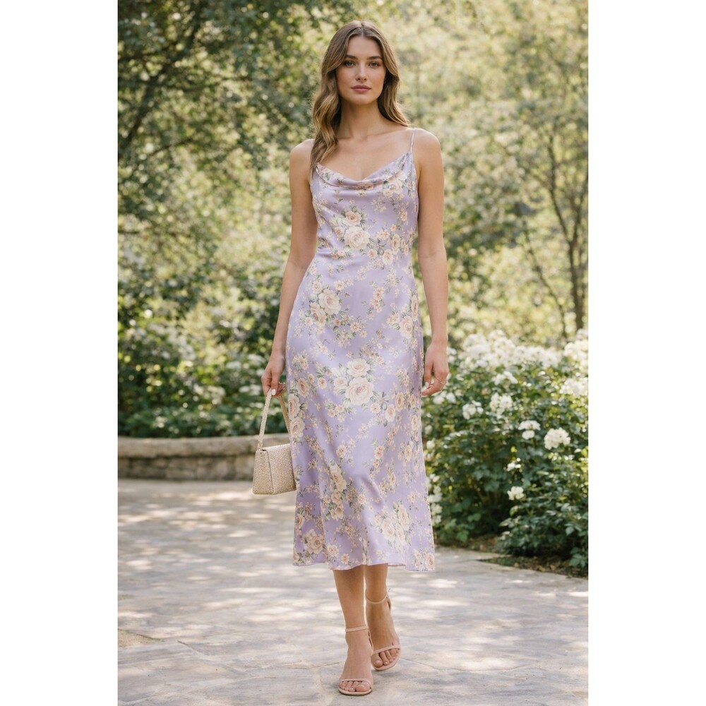 Lavender Floral Satin Midi Slip Dress Cowl Neck 90s Inspired Altar'd State Sz L